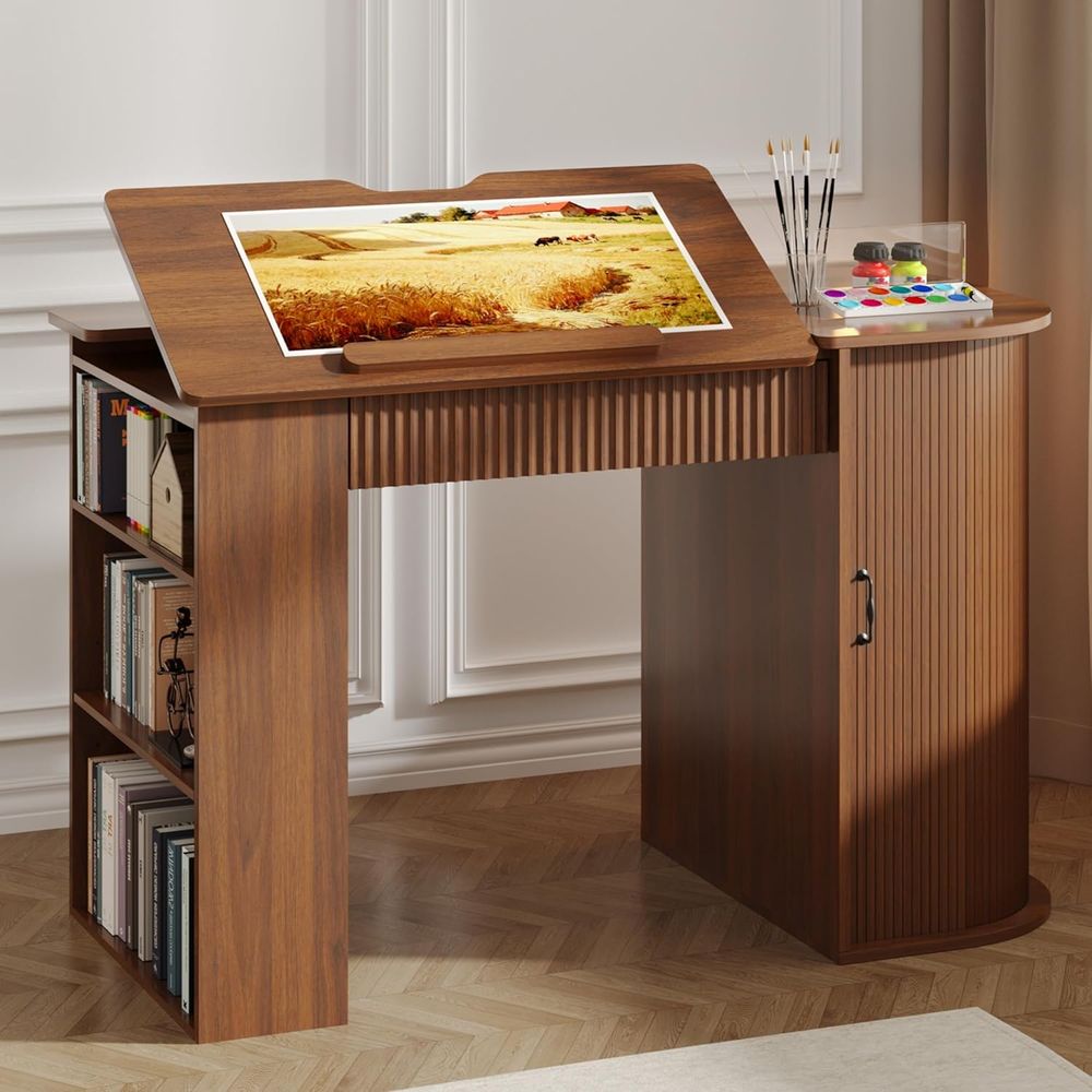 Leatherwork Art - Storage Cabinet Desk with Drawers, Open